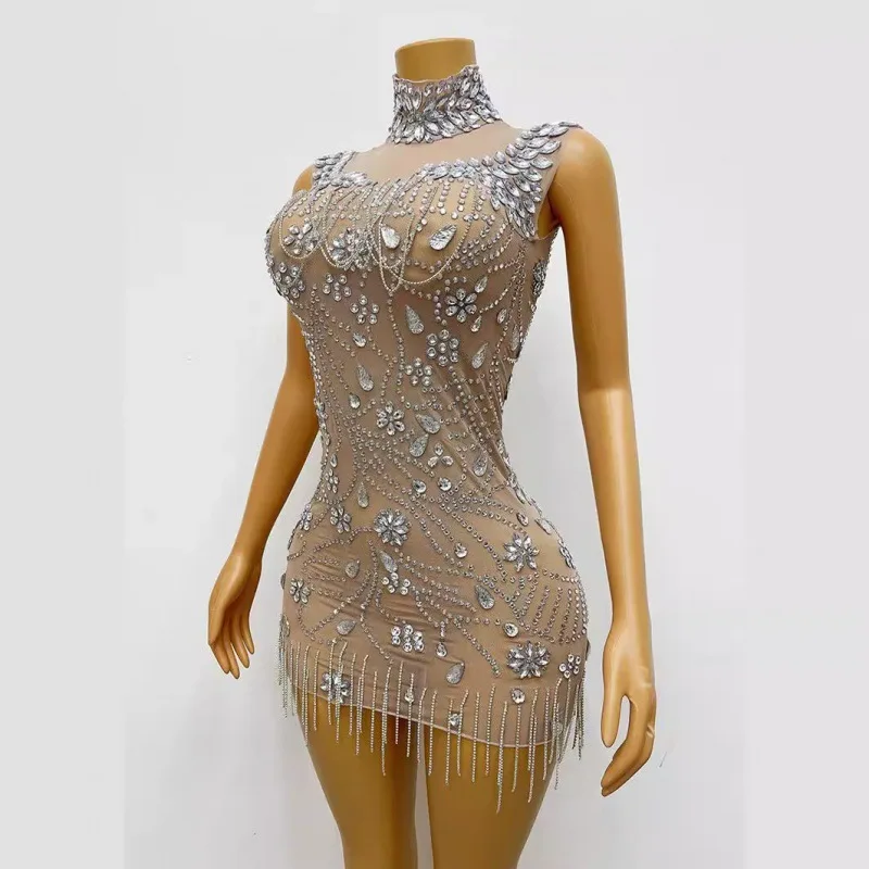 Buttocks Short Skirt Sleeveless Full Diamond Pattern Fringe Perspective Stage Evening Party Dress White Dresses With Rhinestones