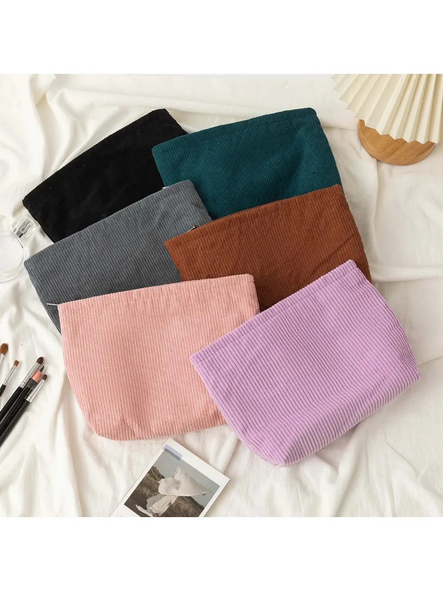 Sac à cosmétiques en velours côtelé pour femmes, organisateur de maquillage coréen de couleur unie, pochette de toilette de voyage, trousse de beauté
