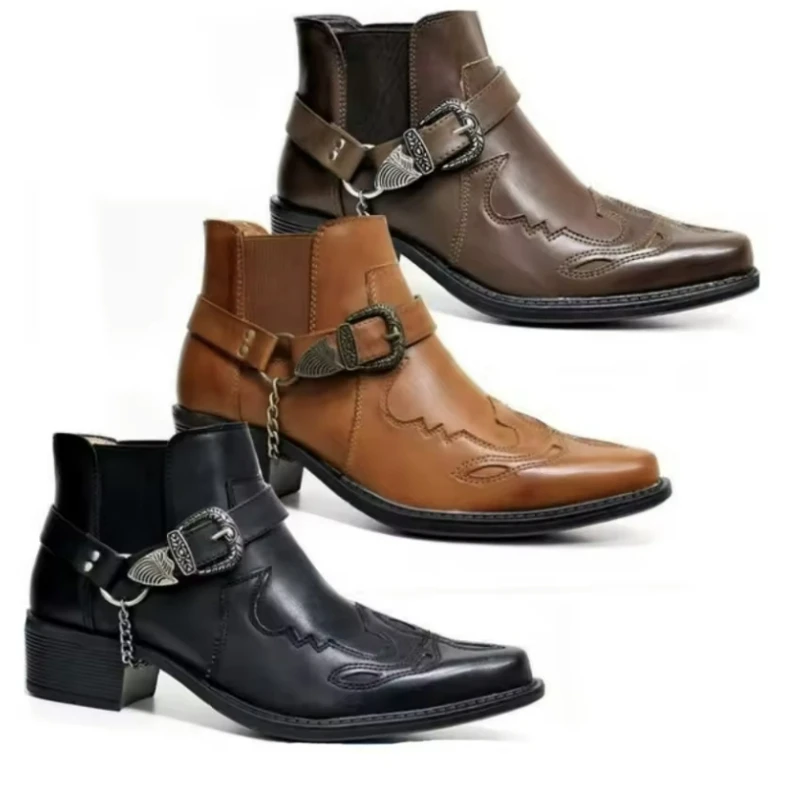 Botas de hombre hechas a mano, botas de vaquero Vintage, zapatos casuales de cuero de alta calidad, zapatos Punk con correa y hebilla, botas de moto con punta estrecha para hombre