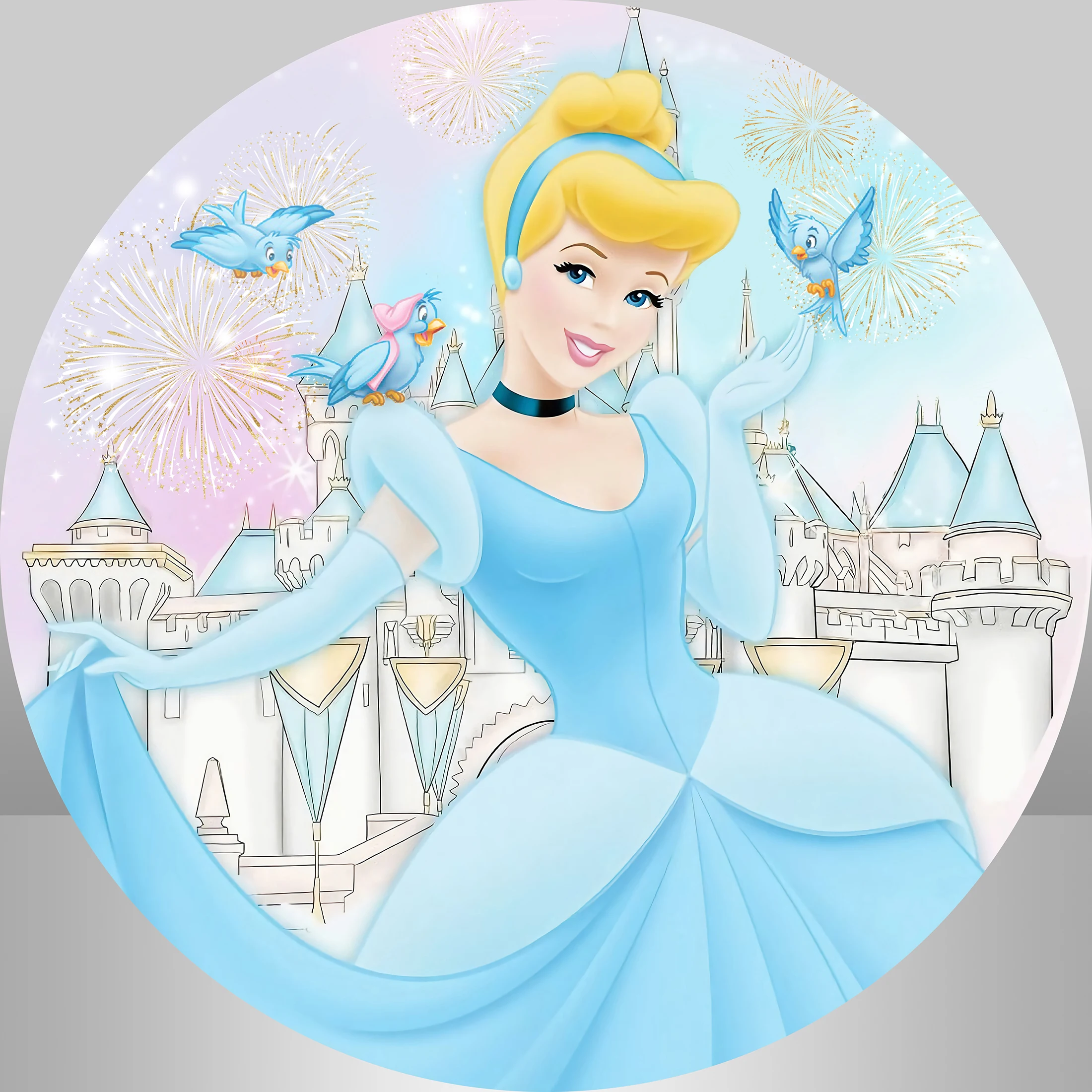 Princess Cinderella Girl Birthday Round Circle Backdrops Cover Blue theme Castle Photo Background Party Decoration Supplies