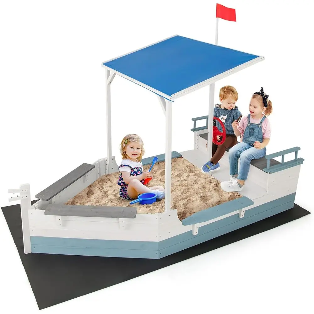 

Pirate Ship Sandbox with , ir Wood Boat Sand Box w/lag, Rudder, Bench Seats and Storage Comparents or Backyard Beach, Outdoor Sa