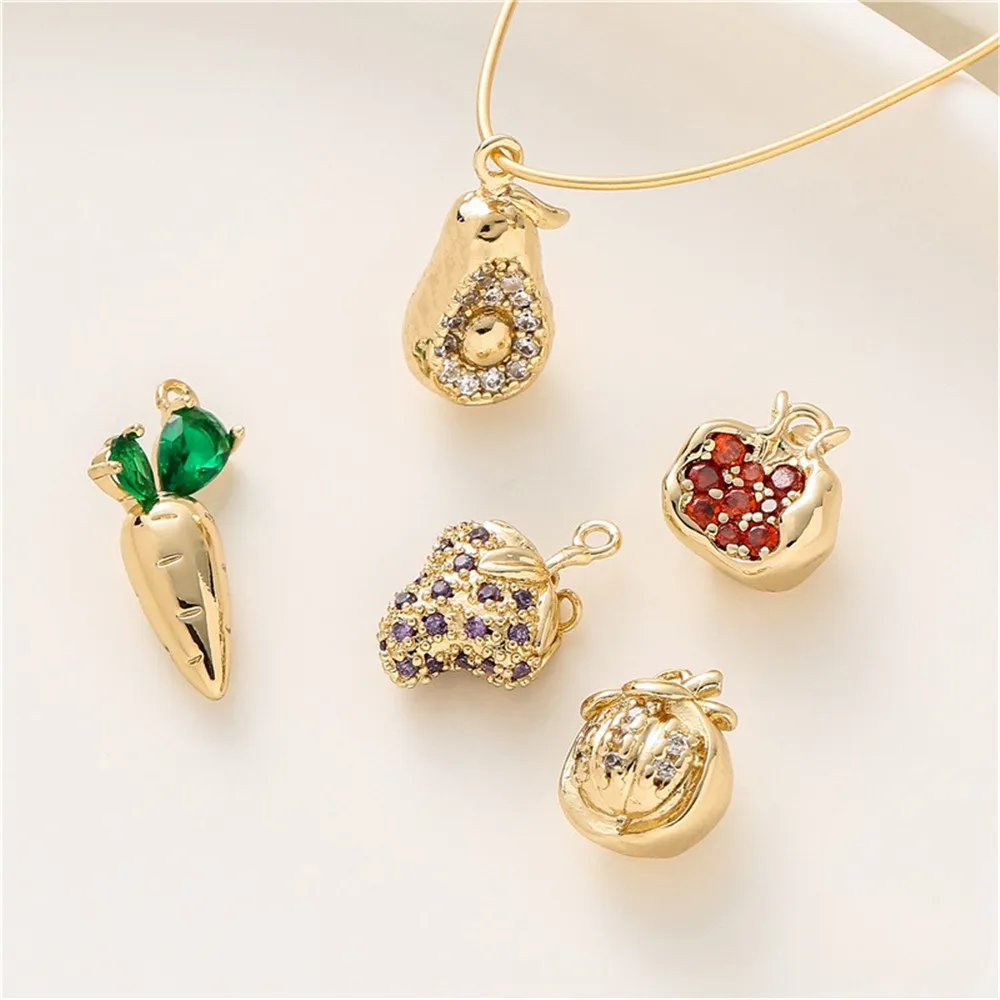 14K Gold Covered Zirconia Fruit and Vegetable Pendant Diy Fruit Accessories Pomegranate Grape Mangosteen Avocado Radish Charm