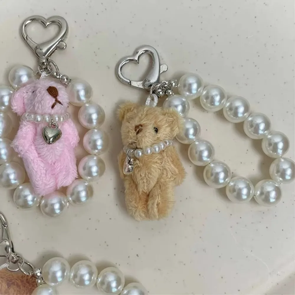 1Pc Plush Teddy Bear Pearl Bracelets Cell Phone Chain Cute Doll Bag Charms Keychain Pendant Girl Heart Hanging Ornament