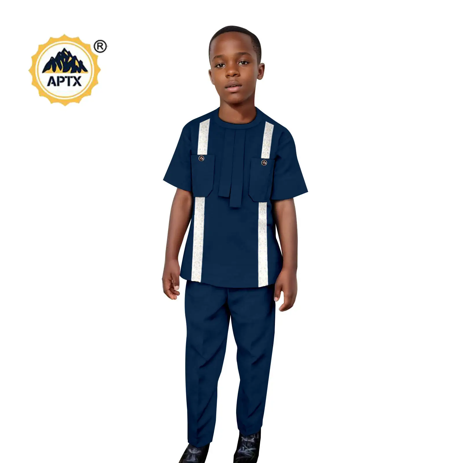 African Clothes for Children Boy Patchwork Appliques Top Shirt and Pant Sets Bazin Riche Fashion Kid Outwear Outfits 2446058