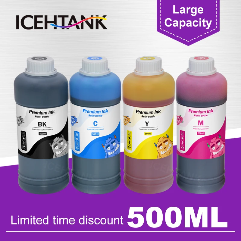 ICEHTANK 500ML Universal 4 Color Refill Dye Based Ink Large Capacity Use For Epson Canon HP Brother Lexmark Samsung Dell Printer