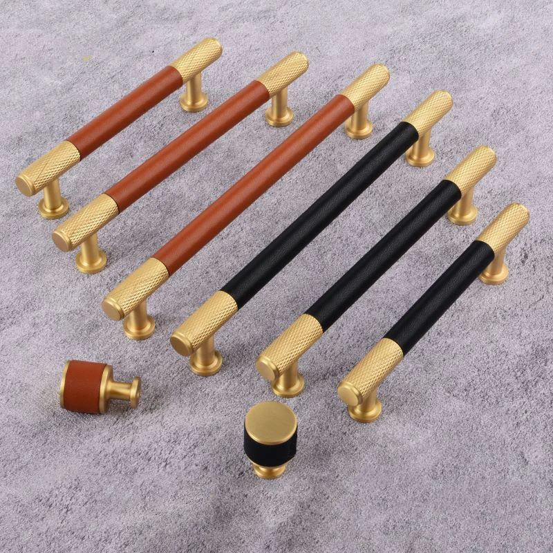 Brown/Black Leather Handle Knurled Brass Cabinet Handles Wardrobe Drawer Pull Bar Handle Knob Door Hardware