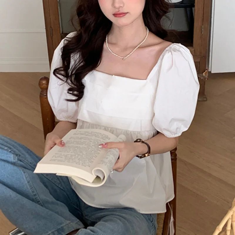 Fashion Summer Short Sleeve Women Blouse Square Neck Elegant Short Tops Puff Sleeve Casual Cotton Shirt