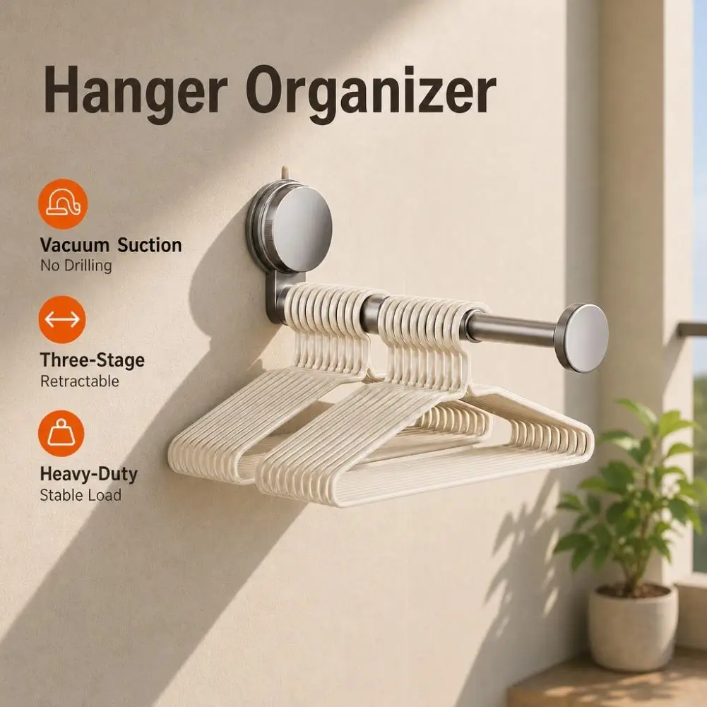 2PCS Wall-Mounted Hook Storage Rack No-Drill Self-Adhesive Suction Cup Installation Telescopic Rods Adjustable Organizer Hook