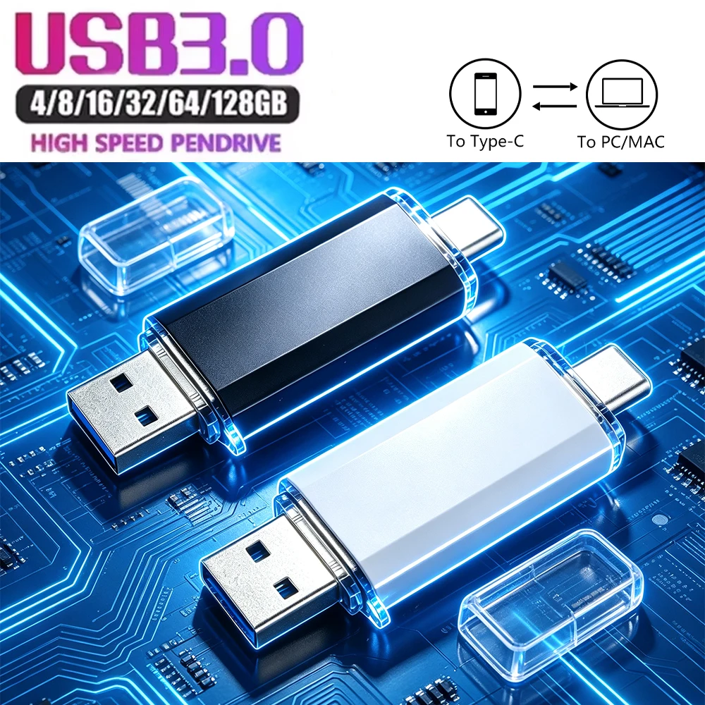 USB3.0 TYPE-C Plastic USB Flash Drive 128GB Blue Memory Stick 64GB Business Gift Pen Drive 32GB Mini USB Stick 16GB for Computer