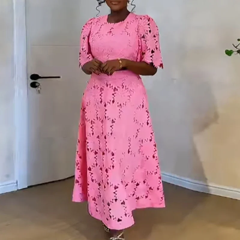 Fashion O-neck Pullover Top & Long SKirt Set Women Casual Short Sleeve Solid Party Outfits Elegant Lace Hollow A-Line 2Pc Suits