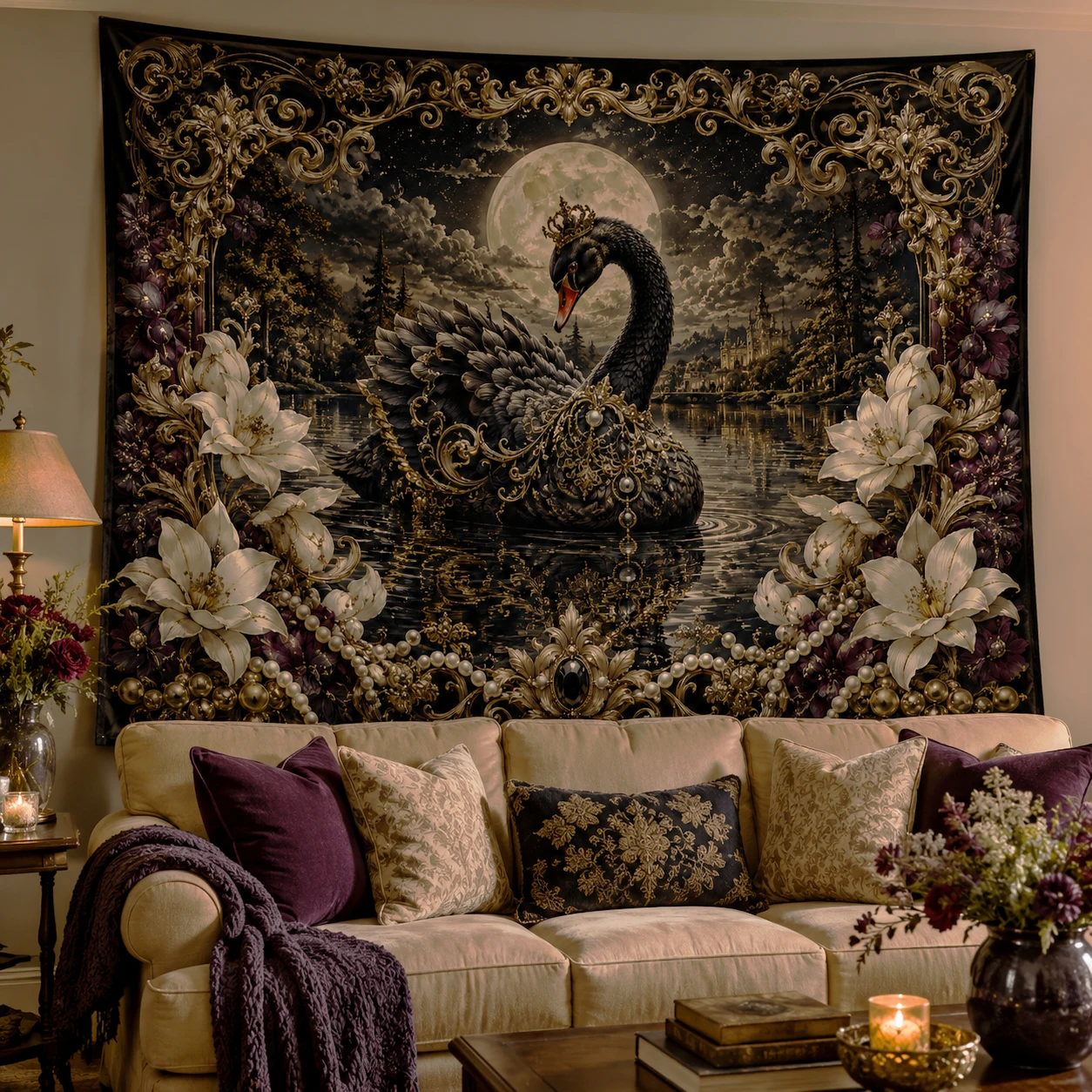 Gothic Black Swan Wall Tapestry Polyester Moonlit Night Wall Hanging Aesthetic Room Decor Witchy Room Decor Blanket for Bedroom