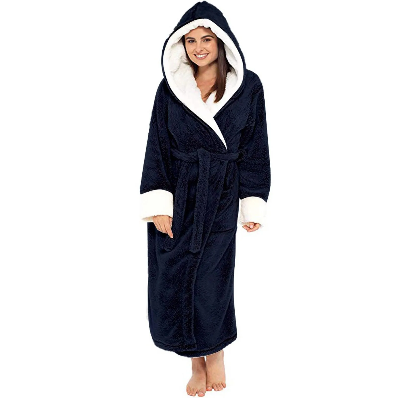 Thick Women Warm Winter Hooded Fleece Gown Plush Lengthened Shawl Bathrobe Home Clothes Long Sleeved Robe Female Nightwear Coat