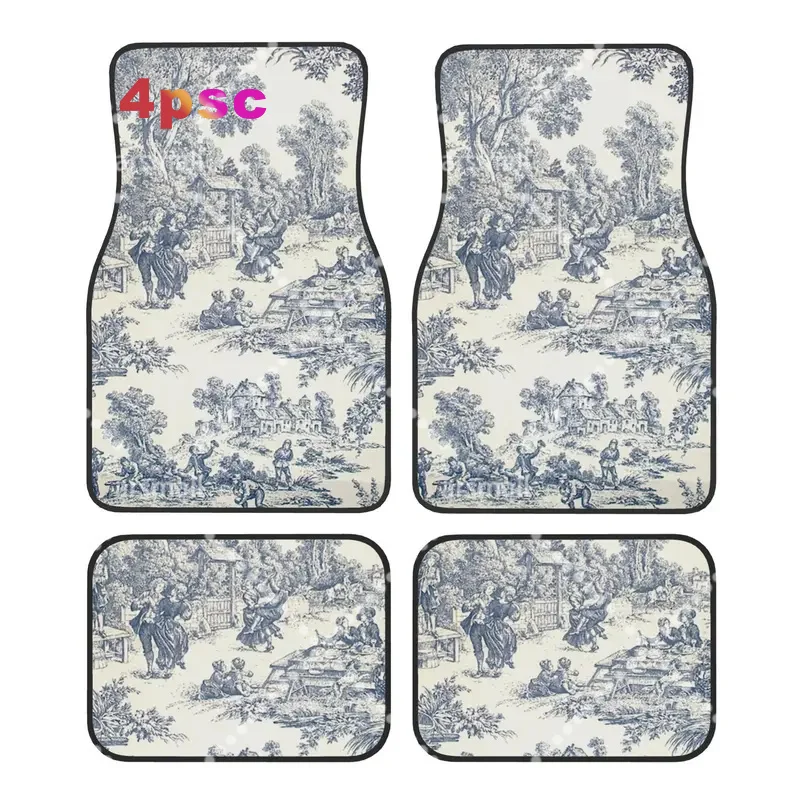 Car Floor Mats 4 Pcs Crystal Velvet Toile de Jouy Number Universal Front Rear Foot Mats Carpets Rugs French Classic Pieces Auto
