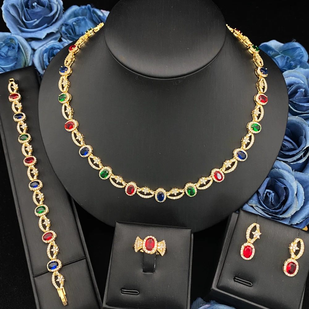 

JRH Premium Platinum Plated CZ 4Pcs Jewelry Set Luxe Bracelet Necklace Earrings Ring Party Wedding Statement Set