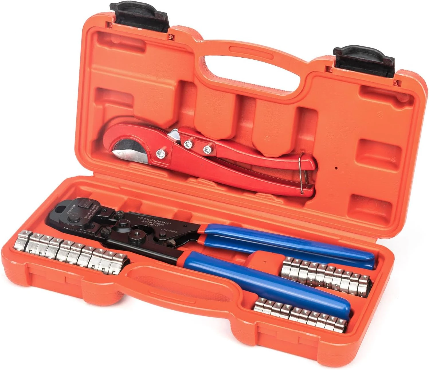 PEX Clamp Tool Kit for 3/8-in, 1/2-in, 3/4-in, 1-in PEX Clamp Cinch & Removal, c/w 1/2''(20 Pack) and 3/4''(10 Pack) PEX