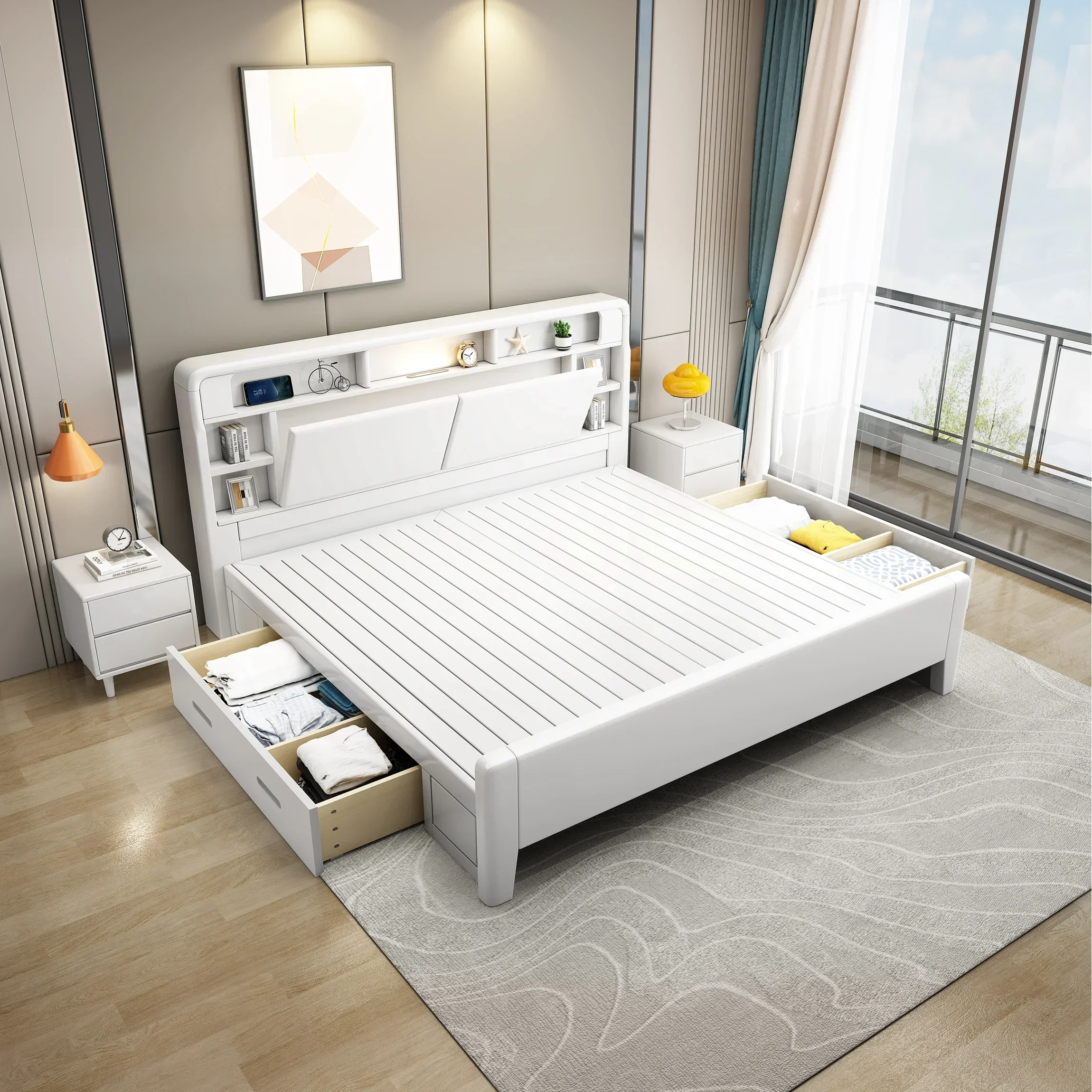 Nordic white solid wood bed, 1.8m double bed with night light, modern minimalist 1.5m high box storage, factory direct sales