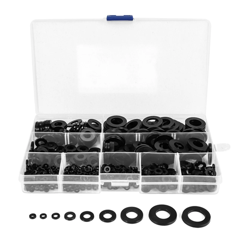 

600Pcs Black Nylon Flat Washer Assortment Kit for M2 M2.5 M3 M4 M5 M6 M8 M10 M12 Plain Repair Washer Furniture Gasket Kit