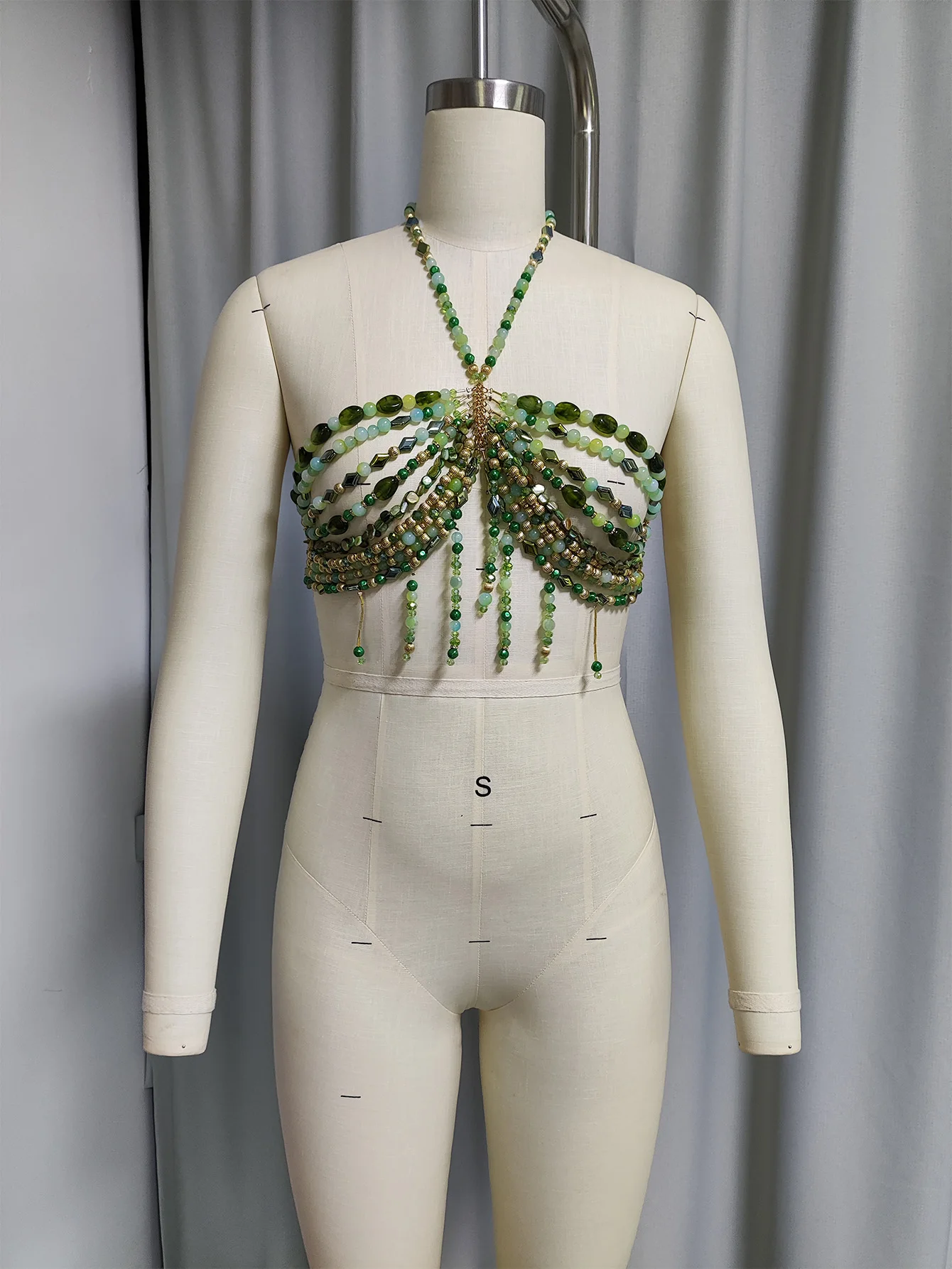 

Handmade Multi Size Bead Body Chain Halter Neck Fringe Bottom Top