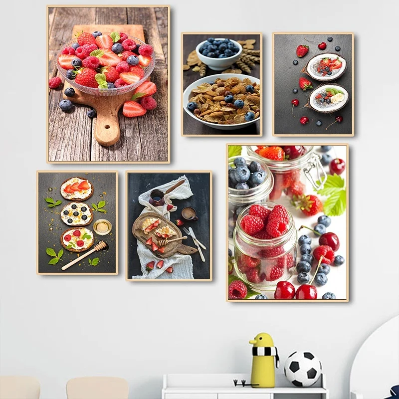 Breakfast with Natural Yogurt, Muesli Berry Nuts Food Canvas Painting Posters Prints Wall Pictures For Kitchen Room Shop Décor