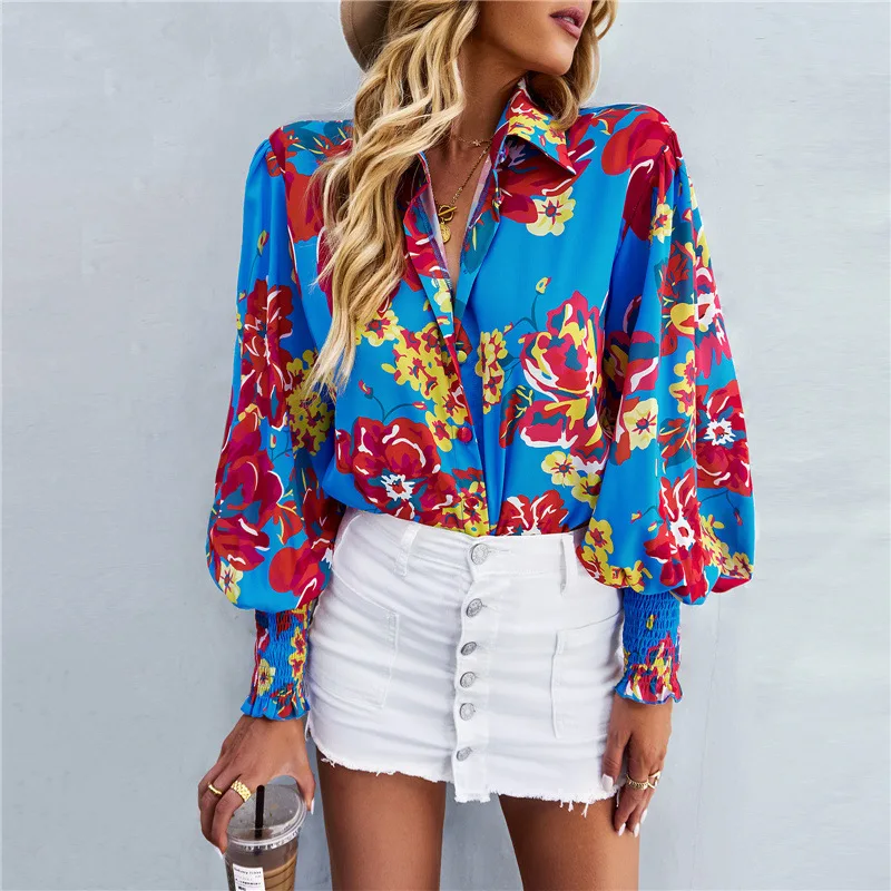 Contrast Color Lapel Blouse Loose Buttoned Style Long Sleeves Leisure Fashion Women Dress