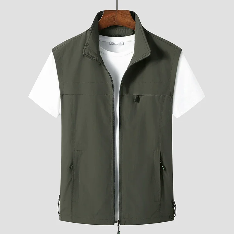 2024 New Minimalist Trendy Men's Summer Solid Color Lapel Shoulder Outdoor Leisure Loose Pocket Work Vest Sleeveless Z588