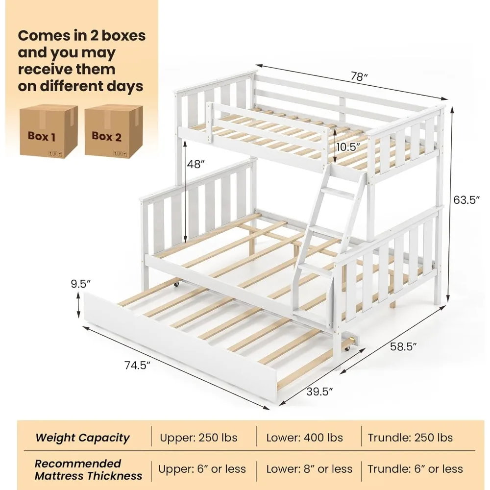 Twin Over Full Bunk Bed with Trundle, Wood Bunk Bed with Pull-Out Trundle Bed, Solid Wood Frame, Ladder & Safety Guardrail