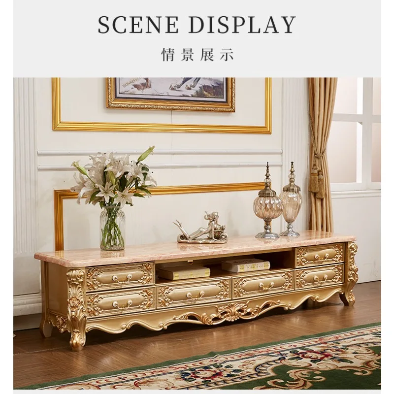 Champagne gold marble TV cabinet, living room all solid wood TV cabinet