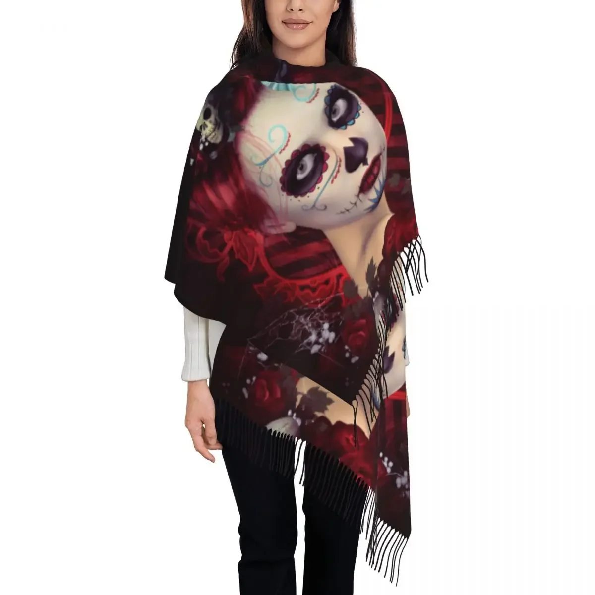 Custom Lady Large Day Of The Dead Sugar Skull Girl Scarves Women Winter Fall Thick Warm Tassel Shawl Wrap Horror Mexican Scarf