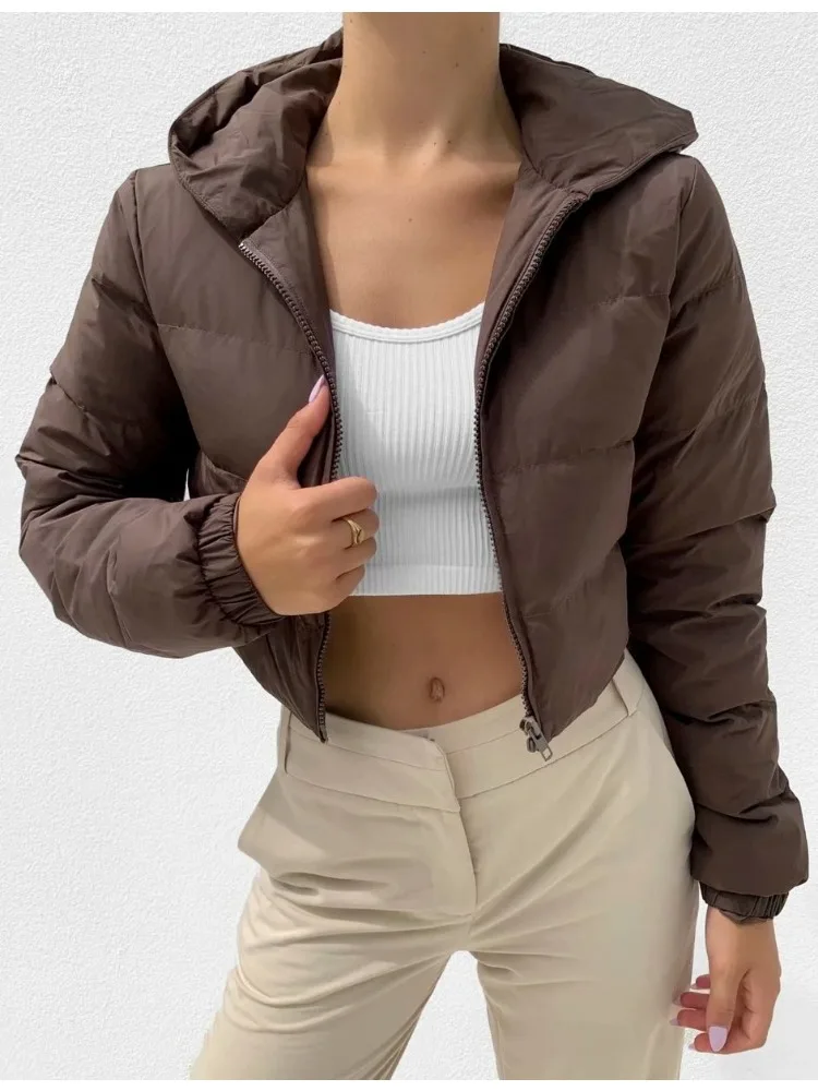 Autumn Winter Women's Clothing Hooded Cropped Jacket Zipper Cotton Coat Short Parkas Puffer Jacket Streetwear Tops Design Coats