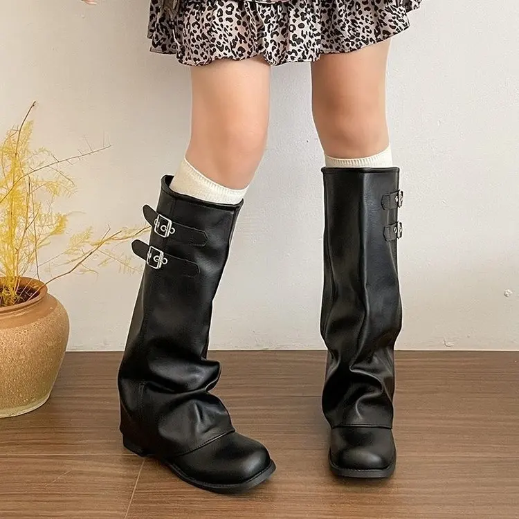 Pointed Toe Fold Over Women Knee High Boots Suede Buckle Strap Trouser Legs Long Booties Autumn Winter Women's Block Heel Shoes - view 4
