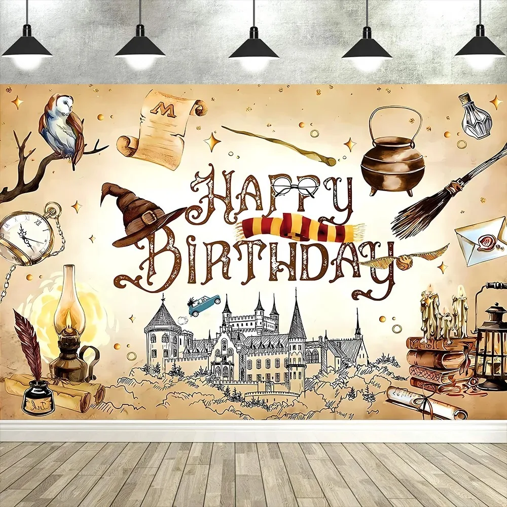 

Magic Wizard Hat Theme Birthday Banner Background Cloth, Adult and Children's Birthday Party Decoration Photography Background