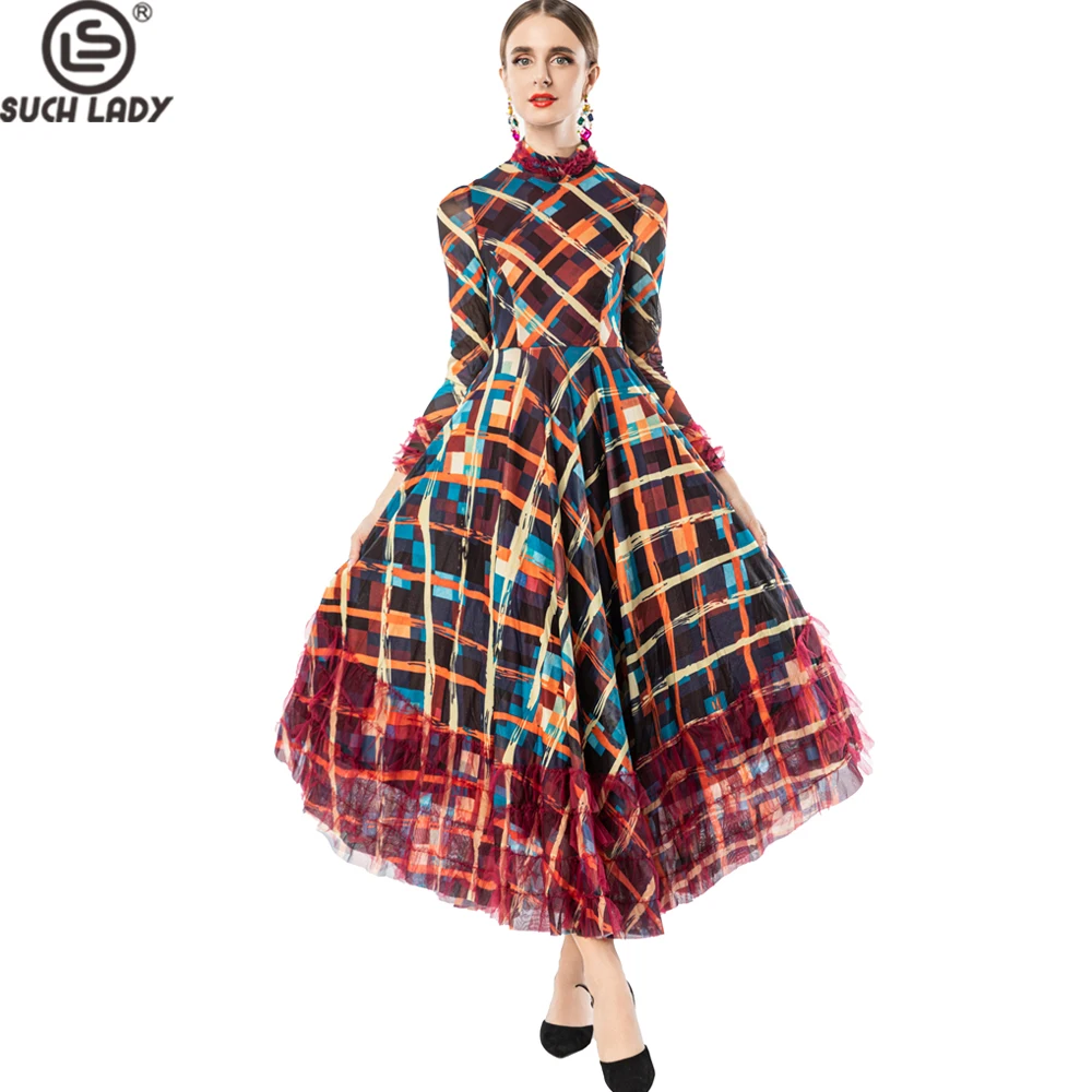 Women's Vintage Print Long Sleeve Maxi Dress, Ruffled Tulle Hem High Neck Gown with Colorful Plaid Pattern & Lace Neck Detail
