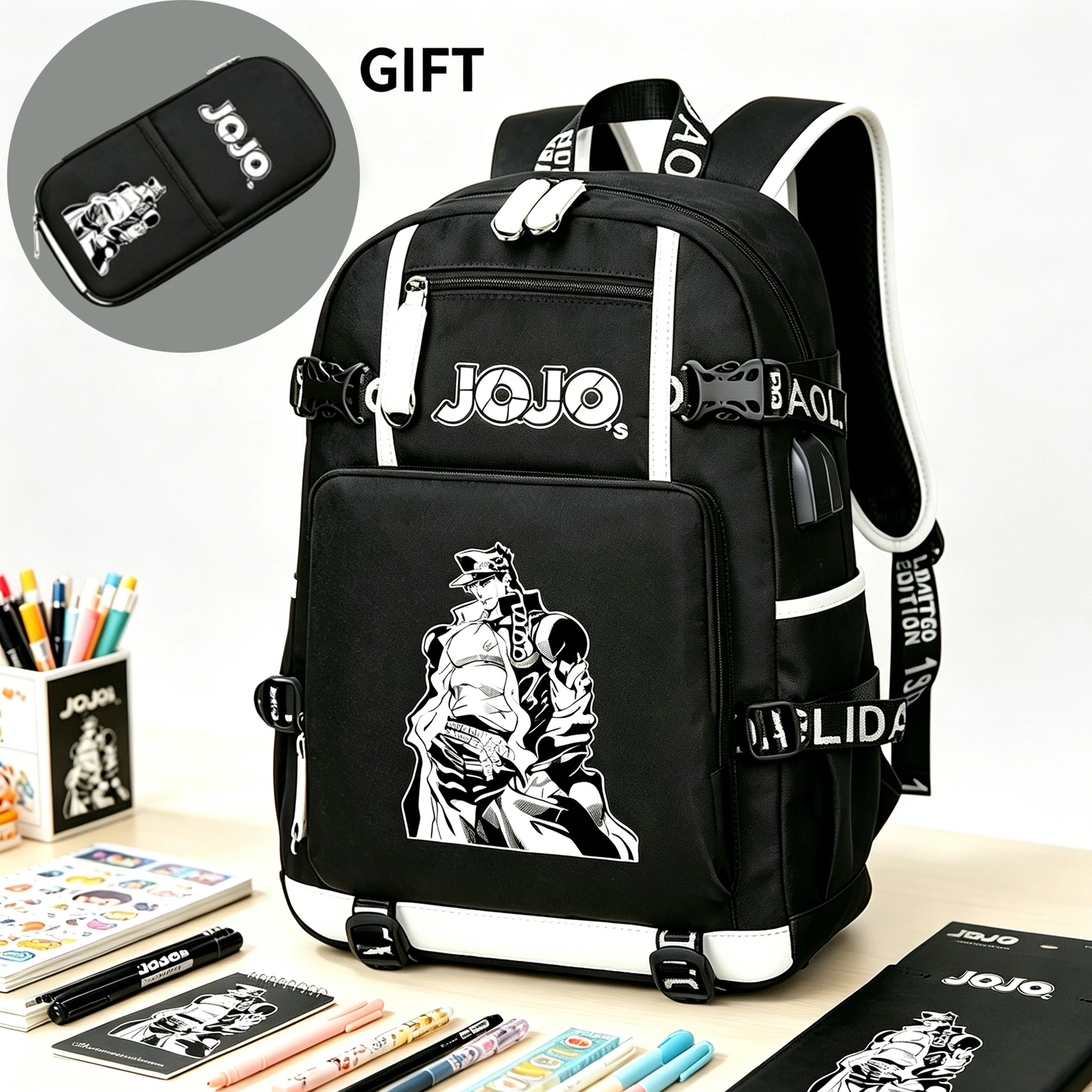 JoJo's Bizarre Adventure Kujo Jotaro School Bagpack USB Charging Laptop Backpack Canvas Travel Backpack Large Gift Pencil Case