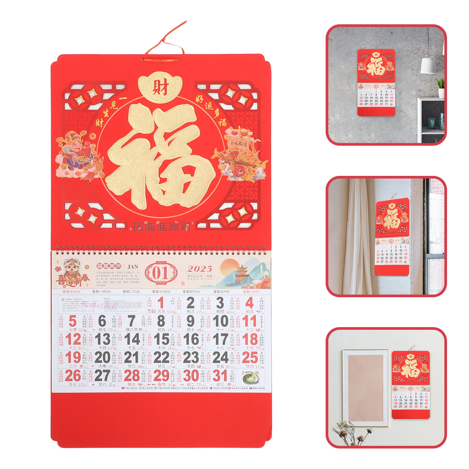 

Chinese Style Hanging Calendar 2025 Year of The Snake Monthly Wall Calendar Festival Holidays Decor for Living Room Bedroom