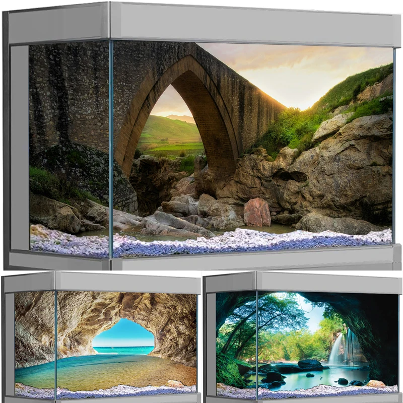 

3D Stone Arch Bridge Fish Tank Sticker Natural Cave Landscape Aquarium Background Decal Self-adhesive Removable Fish Tank Decor