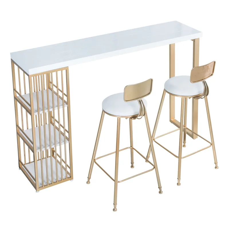 

Creative Nordic marble bar table wrought iron against the wall solid wood strip combination Internet celebrity cafe high table