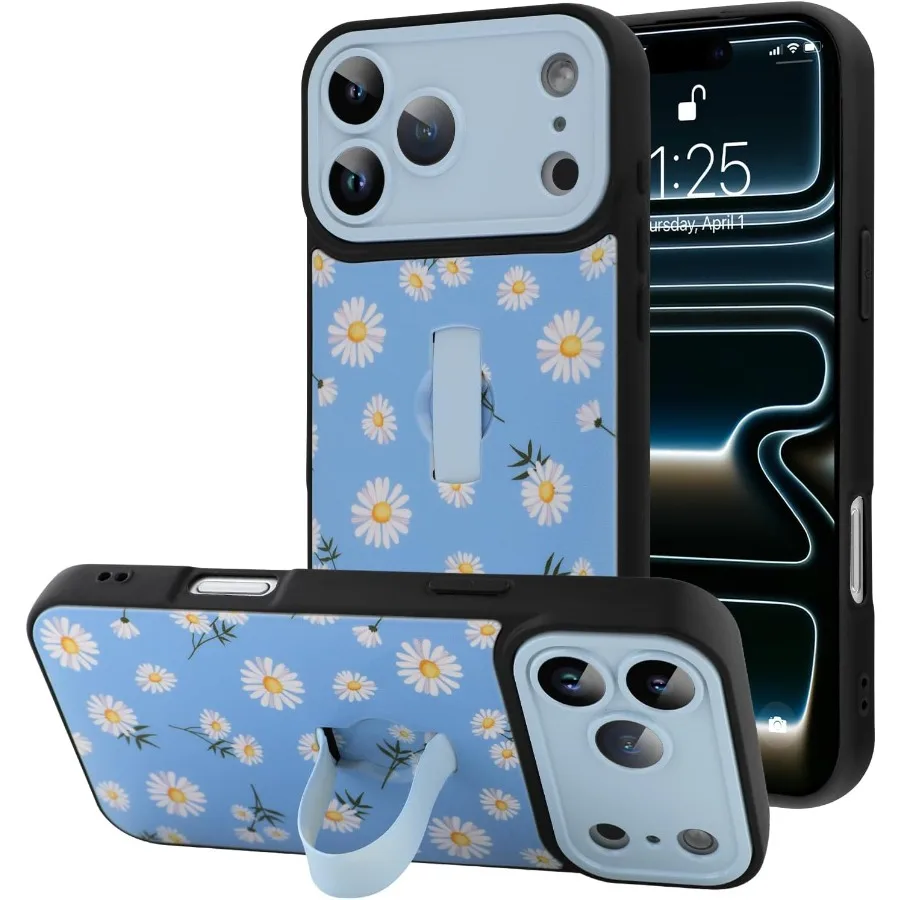 

Синий эстетический чехол для телефона с цветочным принтом ромашки для iPhone 17 Pro Max с ремешком на руку и подставкой, полная защита камеры Sho