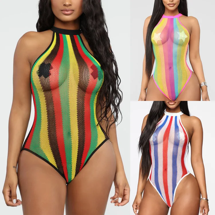 

Summer Women's Swimsuit Jumpsuits Fashion Color Blocked Neck Sexy Mesh Bikini Erotic One-piece Swimsuit for Female 2025 New