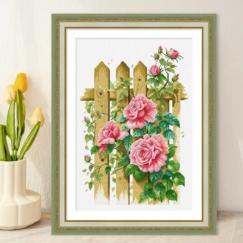 Bordado de punto de cruz con patrón de flores de primavera, Kit completo de rosas en la valla, pintura de pared de costura para artes y manualidades