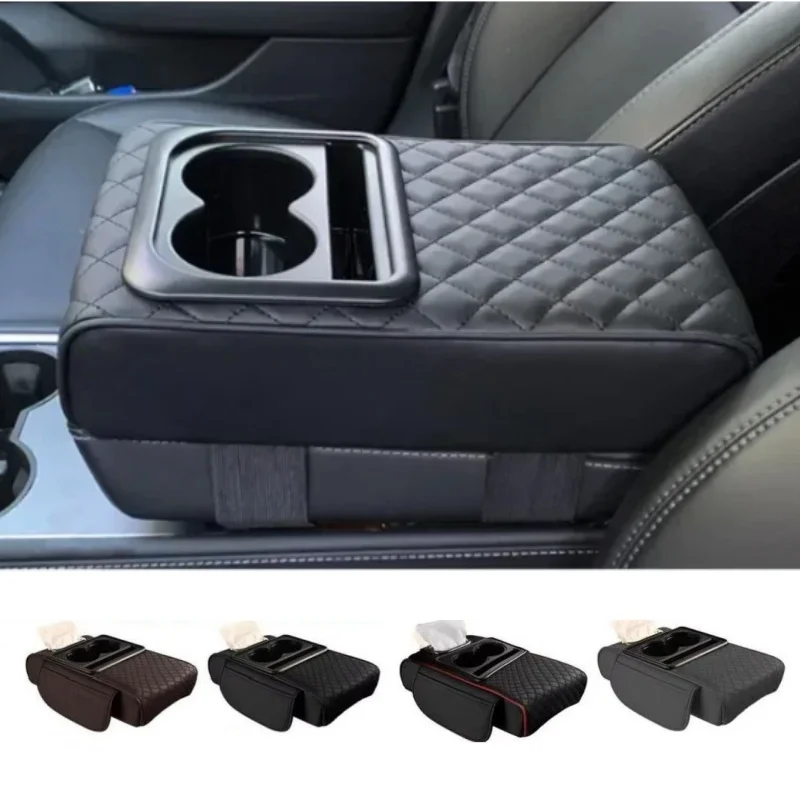 

Auto Center Console Armrest Cushion With 2 Cup Holder PU Leather Armrest Pad Portable Car Pillow Cover Height Pad