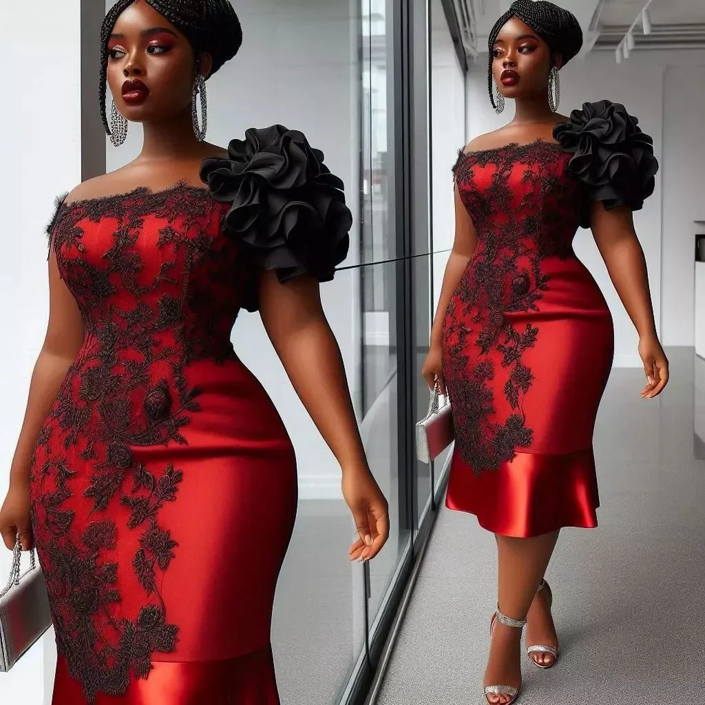 

Fashionable New Arrival Red Short Prom Dresses Aso Ebi Plus Size Nigerian Wedding Dress Black Lace Knee Length Women Party Dress