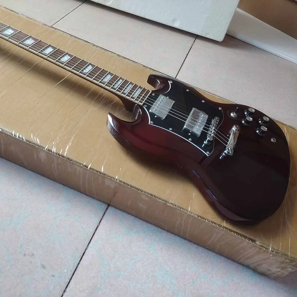 Guitarra eléctrica SG marrón de 22 trastes de alta calidad en stock, herrajes de níquel cromo, envío rápido