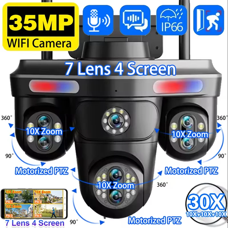 35MP 30X Zoom WiFi with 128G IP Camera 4 Screens 7 Lens Outdoor Wireless PTZ Security Cam Auto Tracking CCTV Surveillance Camera