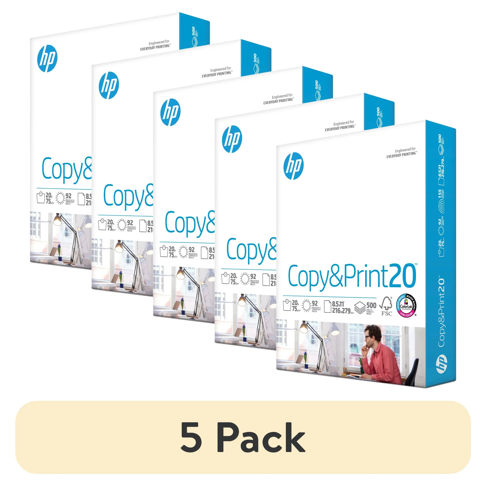 

(5 pack) 20lb, 8.5 x 11, 1 Ream (500 Sheets)