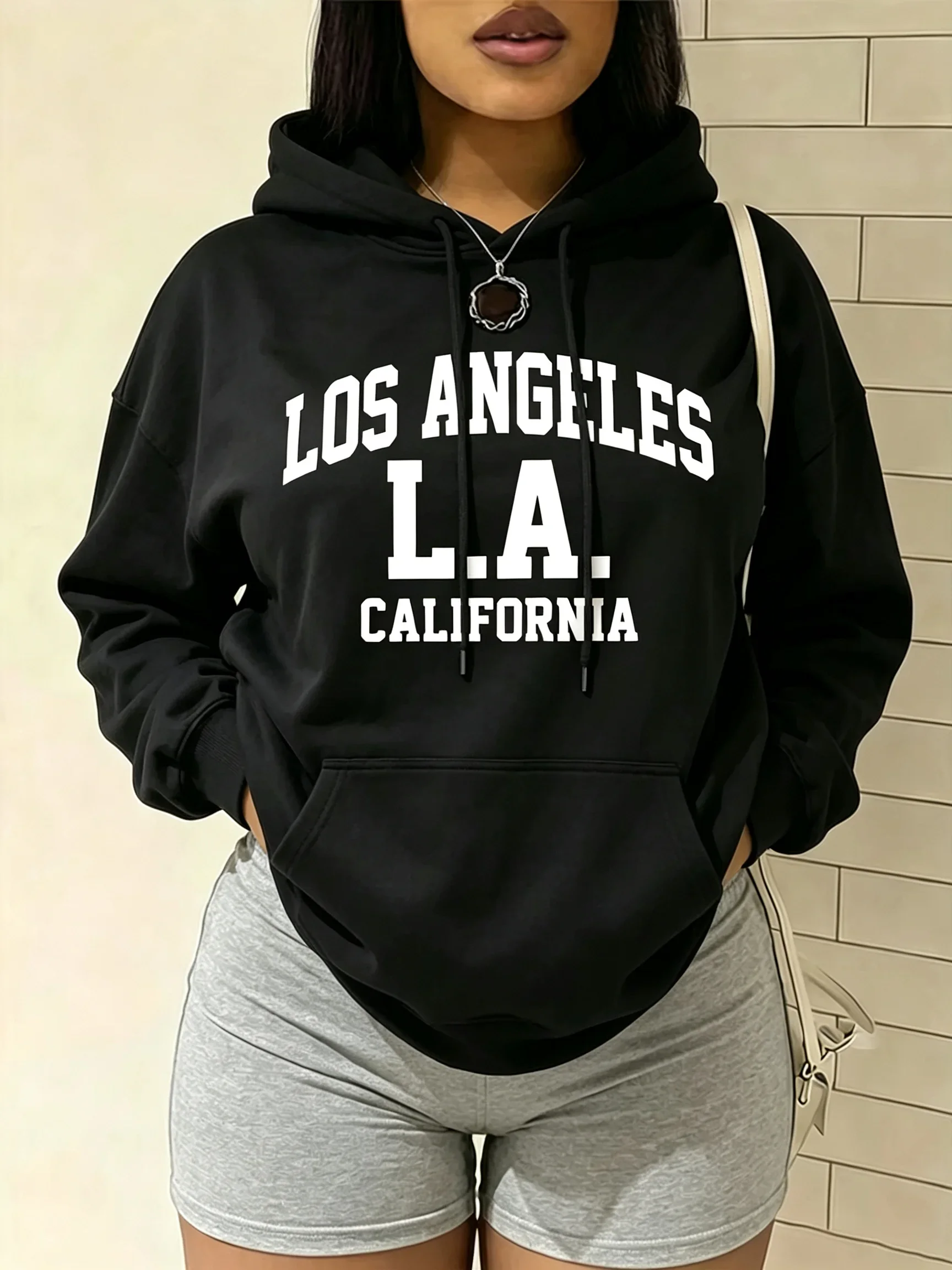 Women's Casual Graphic Hoodies with Los Angeles Print Long Sleeve Hooded Pullovers Sweatshirts with Autumn Streetwear Clothes