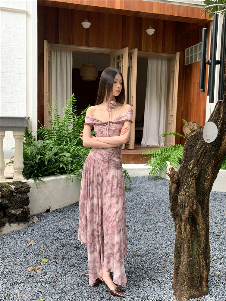 CHEERART Vintage Purple Floral Off The Shoulder Maxi Dress 2024 Women Tunics A Line Asymmetrical Long Dress Summer Fashion