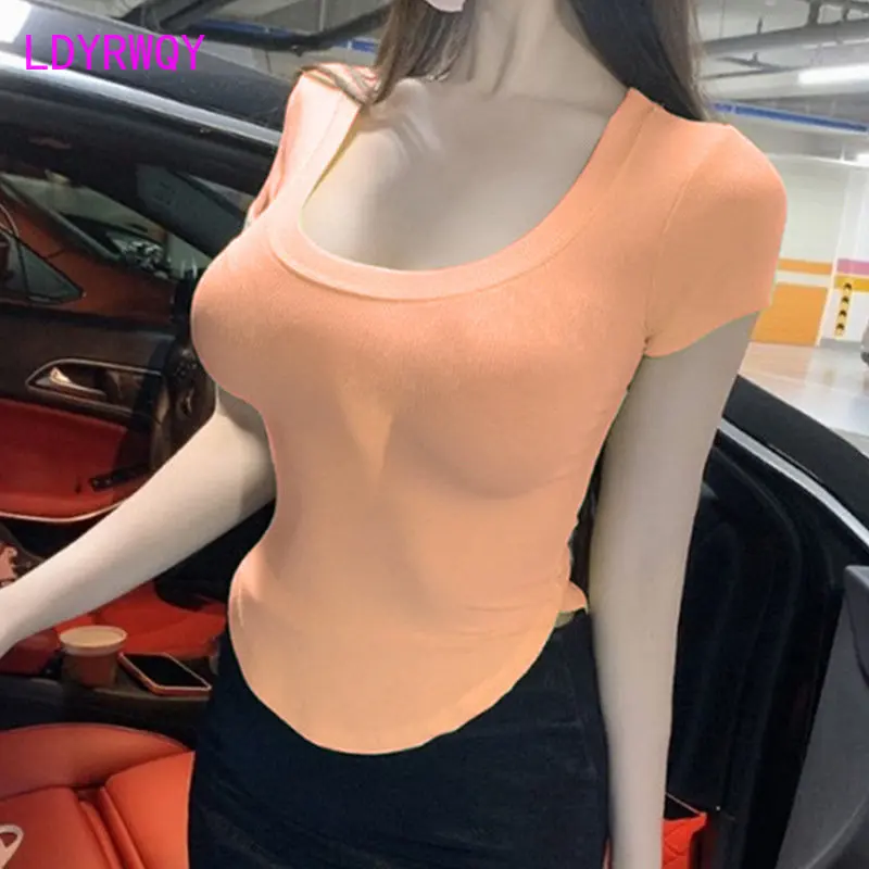 U-neck, waistband, curved hem, short sleeved t-shirt for women, tight fitting, slimming and slimming 2023 Sexy