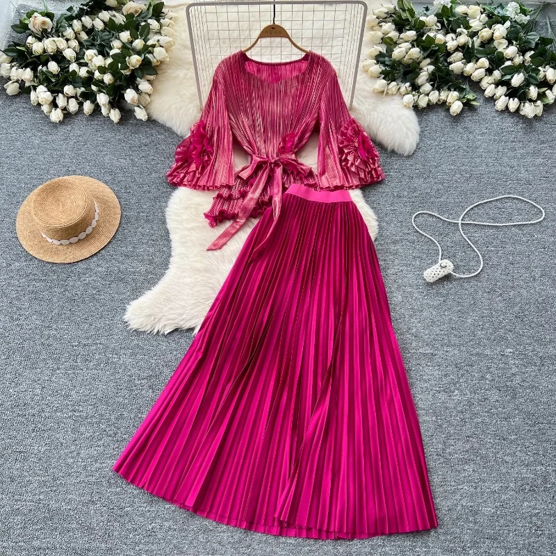 

Miyake Folds 2-Piece Set Women's 2025 Summer New Irregular Lace-up Tops + Long Pleated Skirts Suit Female Two Piece Set