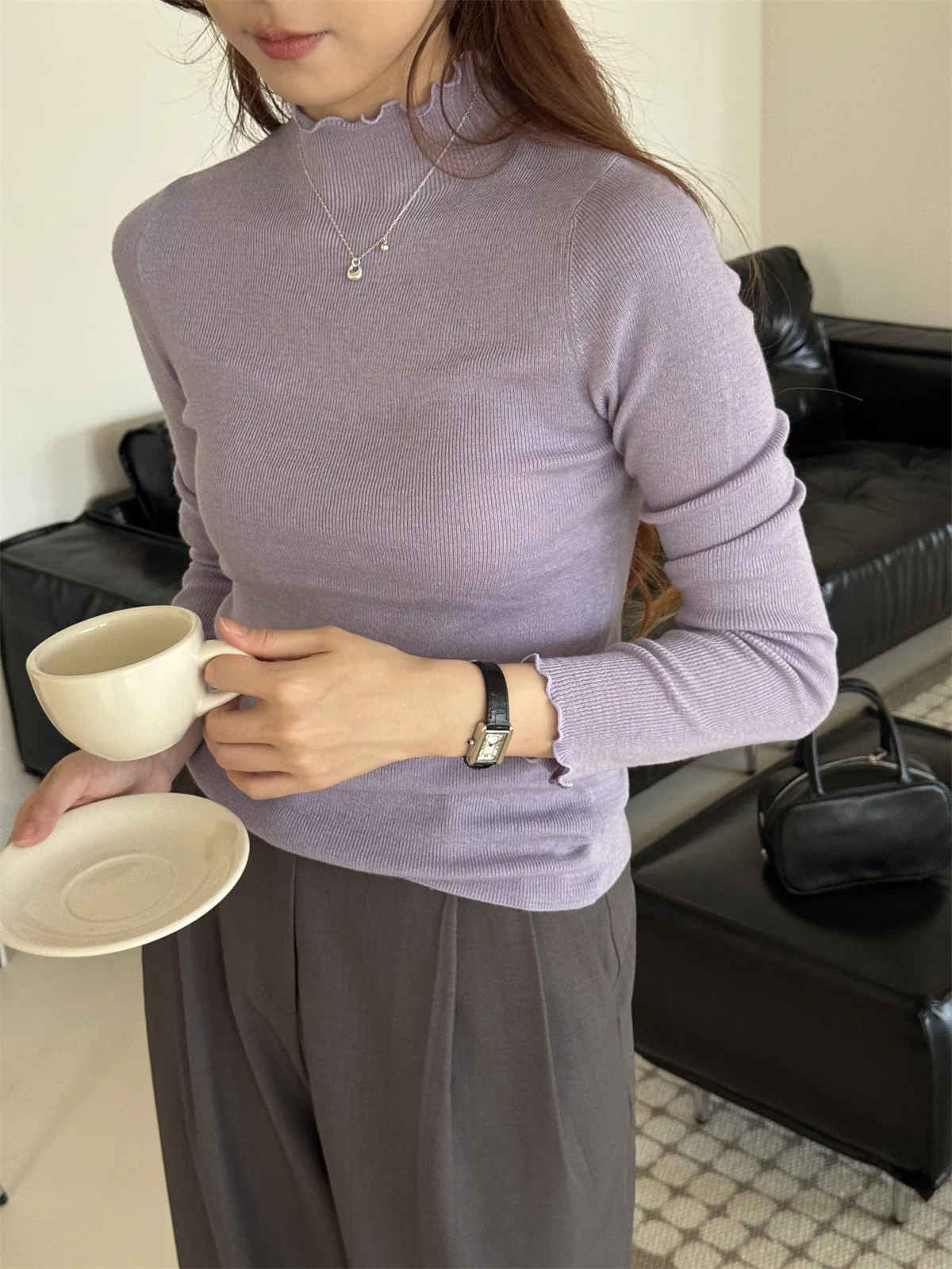 Sweter damski Dongda Gate, wielokolorowy, dzianinowy, wełniany, dopasowany, długi rękaw, stójka, do noszenia pod spód, prosty, elegancki.