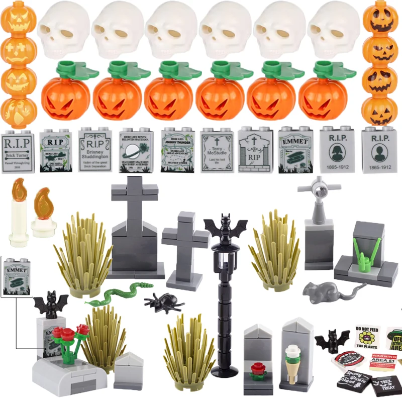 MOC Halloween Bricks Creative Accessories Scary Ghost Head Pumpkin Head Candle Tombstone Mini Brick Toy Girl  Boy Gift R043 DIY